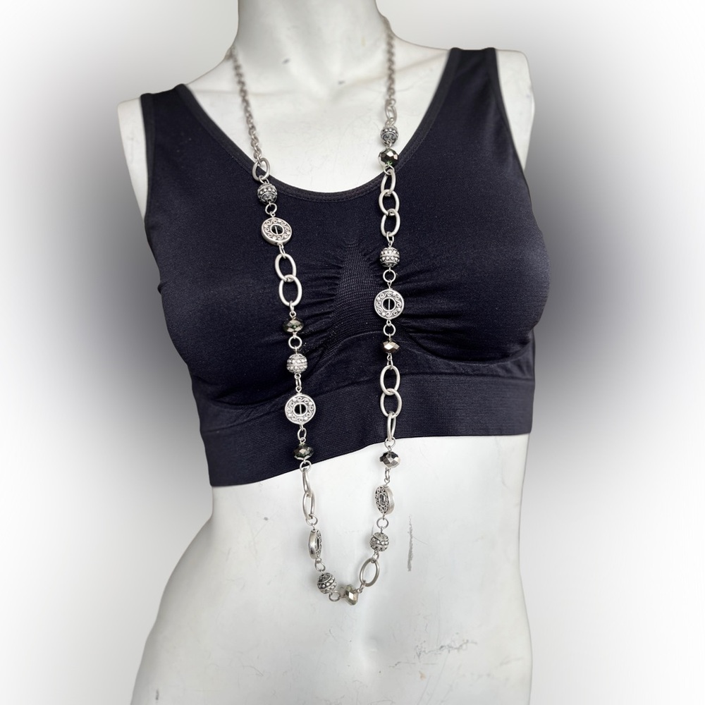 Silver Tone Long Boho Statement Necklace – 38” Mixed Beads & Links